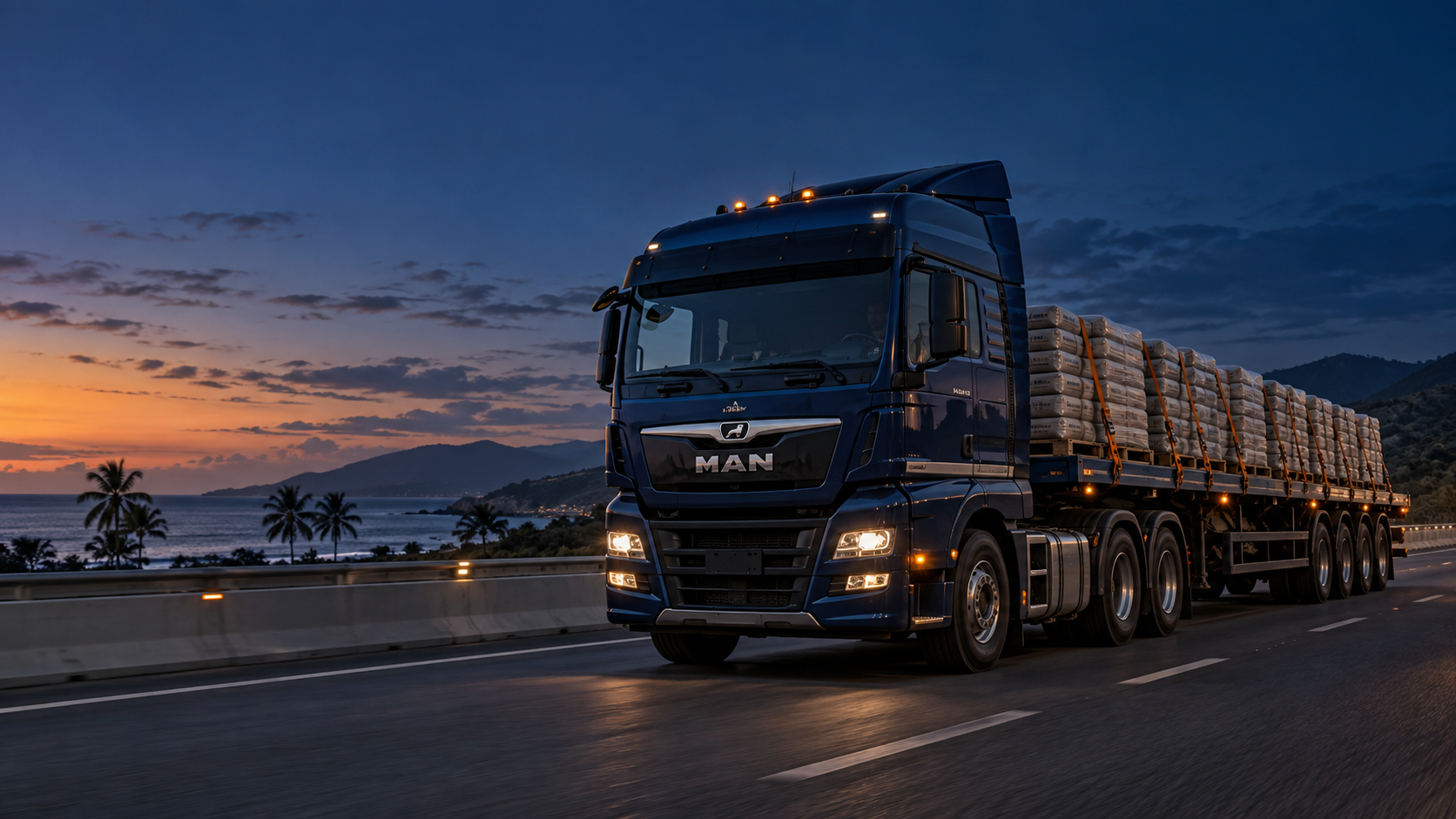Heavy-duty prime mover transporting secured cement pallets along the coast